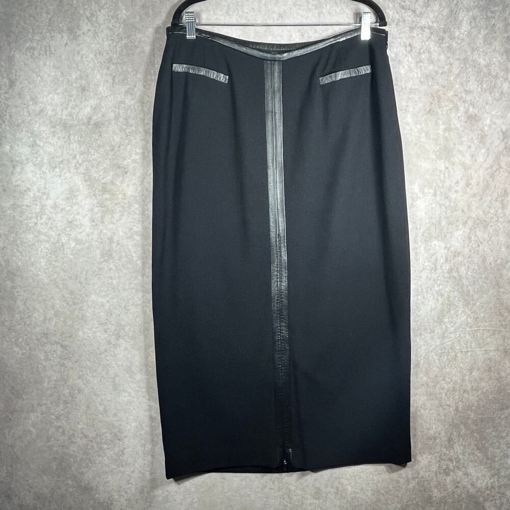 Elana Maxi Skirt Womens 14 Black 100% Wool Leather Trim Pockets Side Zip‎ Casual
